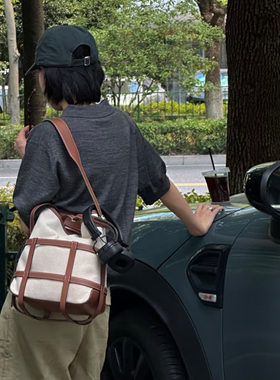 My apartment高级感小牛皮拼接帆布编织托特包女大容量单肩斜挎包