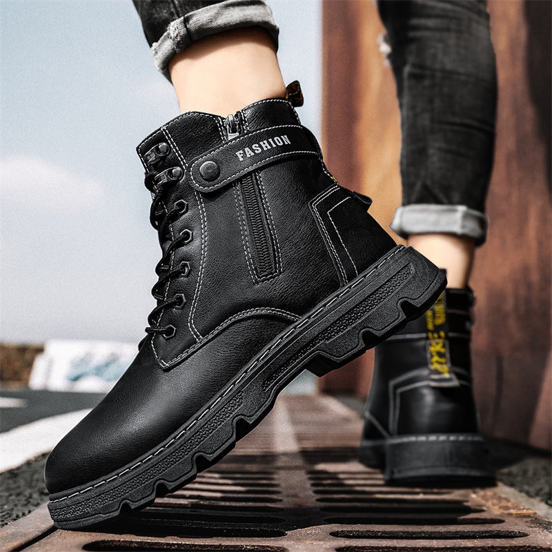 HIGH-TOP CARGO BOOTS MENS WINTER WORK LABOR PROTECTION SHOES MENS OUTDOOR NON-SLIP MARTIN BOOTS SIDE ZIPPER BIKER BOOTS WATERPROOF