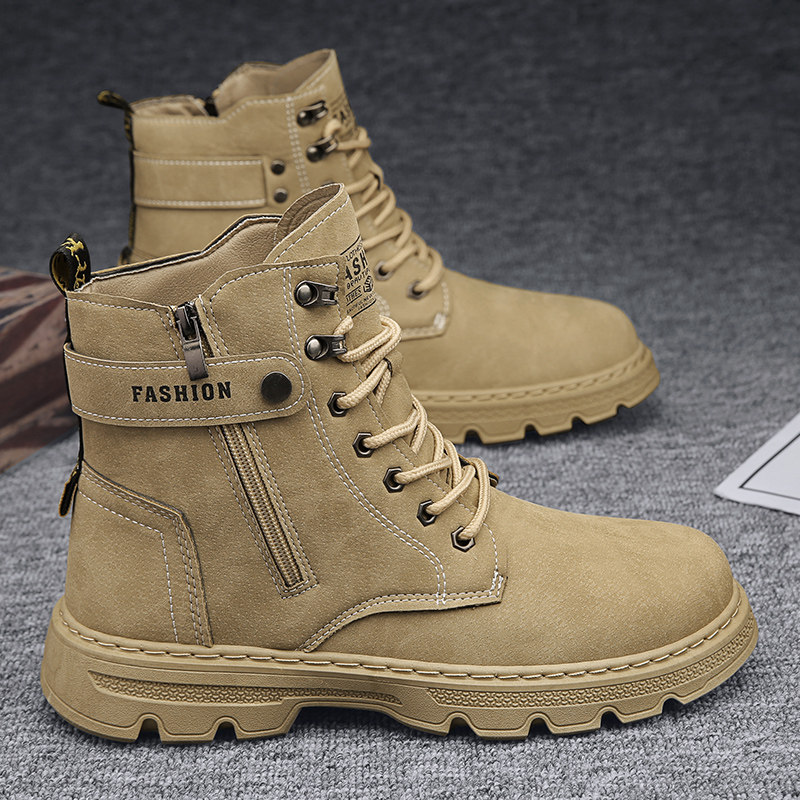 HIGH-TOP CARGO BOOTS MENS WINTER WORK LABOR PROTECTION SHOES MENS OUTDOOR NON-SLIP MARTIN BOOTS SIDE ZIPPER BIKER BOOTS WATERPROOF