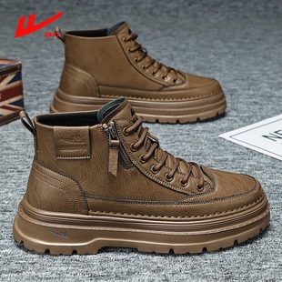 回力高帮鞋男2026新款英伦风男士板鞋皮面厚底中帮工装靴子马丁靴