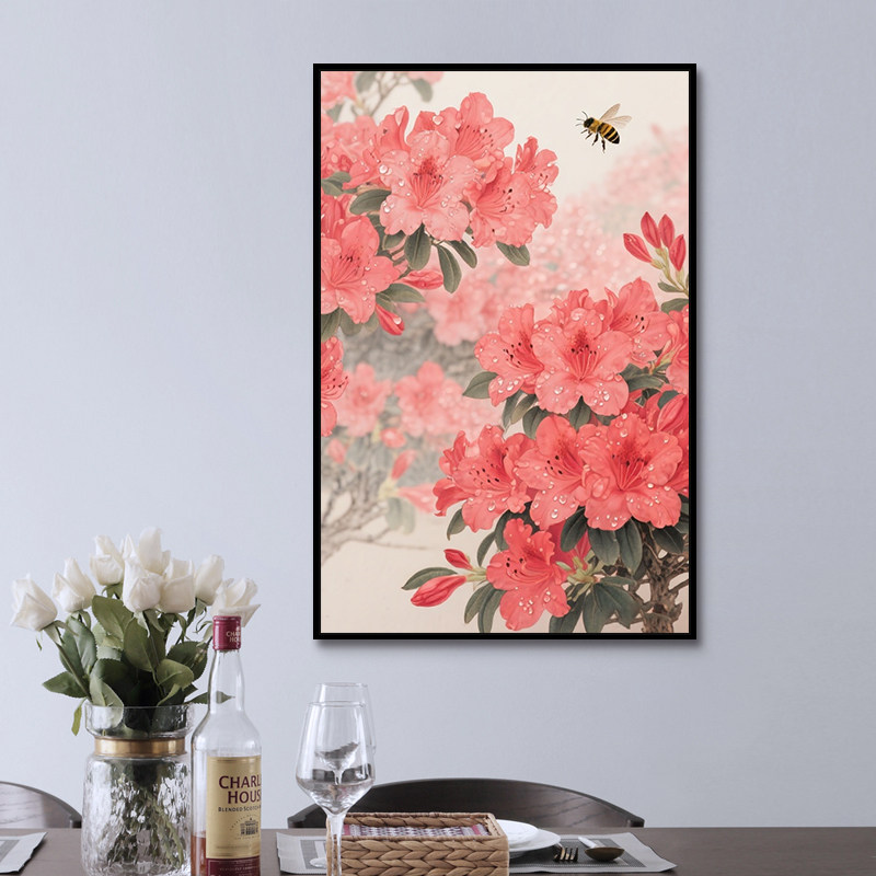 原创春日治愈感油画风红粉色杜鹃花diy数字油画填色手工装饰挂画
