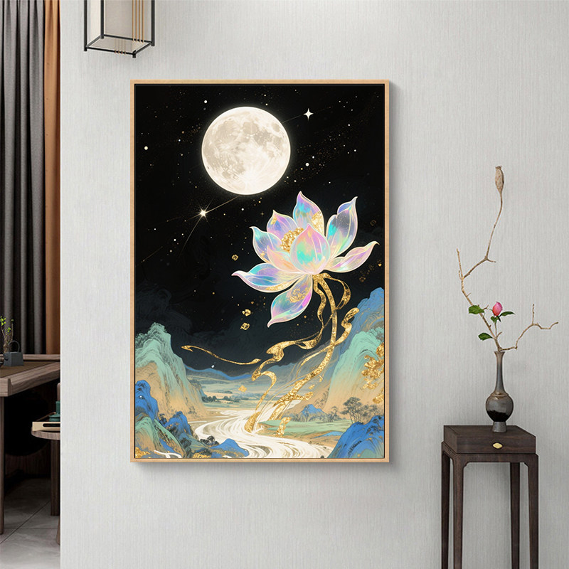 品都抽象二次元荷花圆月千里江山图diy数字油画填色手工装饰挂画
