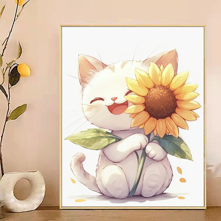 可爱向日葵猫咪diy数字油画解闷手工填色礼物客厅房间装饰挂画