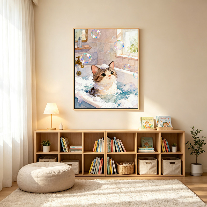 原创DIY数字油画可爱泡澡小猫咪治愈手工涂色画儿童房卧室装饰画