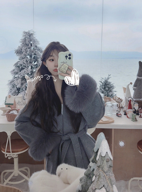 LISEYEN设计师原创狐狸毛袖口可拆卸 羊毛双面尼大衣