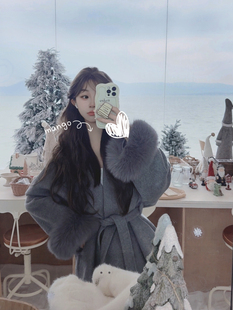 LISEYEN设计师原创狐狸毛袖口可拆卸 羊毛双面尼大衣毛呢外套女冬
