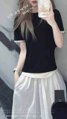 Liseyen设计师原创黑白撞色莫代尔T恤 假两件女夏季修身显瘦上衣