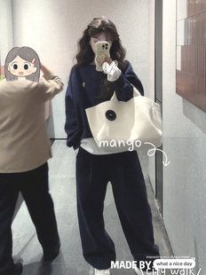 女冬季 藏蓝色运动裤 休闲百搭 加绒松紧腰宽松 LISEYEN设计师原创