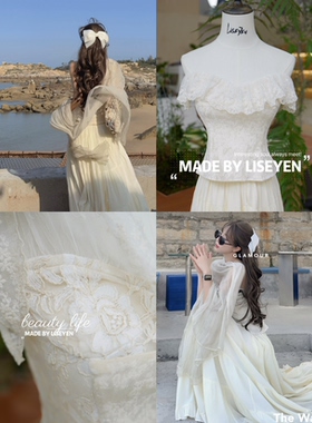 LISEYEN设计师炒鸡精美的蕾丝花边收腰丝绒抹胸连衣裙女 高阶版本