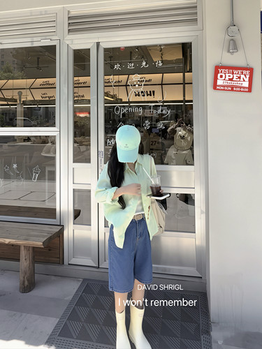 LISEYEN设计师款 炒百搭 蜜瓜绿显白衬衫+牛仔中裤女背心休闲套装