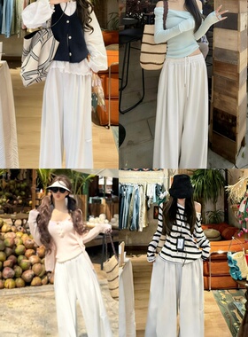 LISEYEN设计师原创 白灰色竖坑条高克重休闲裙裤女宽松 本期Bi入