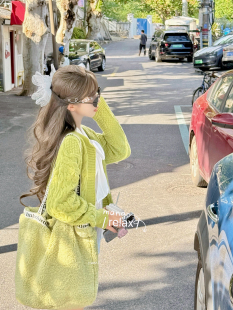 LISEYEN设计师款 苹果绿麻花毛衣针织开衫女秋季2025新款上衣外套