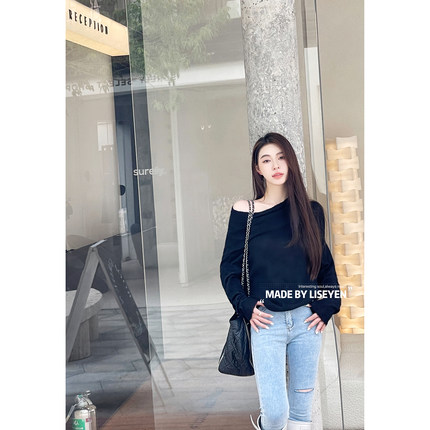LISEYEN2023年秋季新款 一字领设计感露肩气质长袖套头毛衣