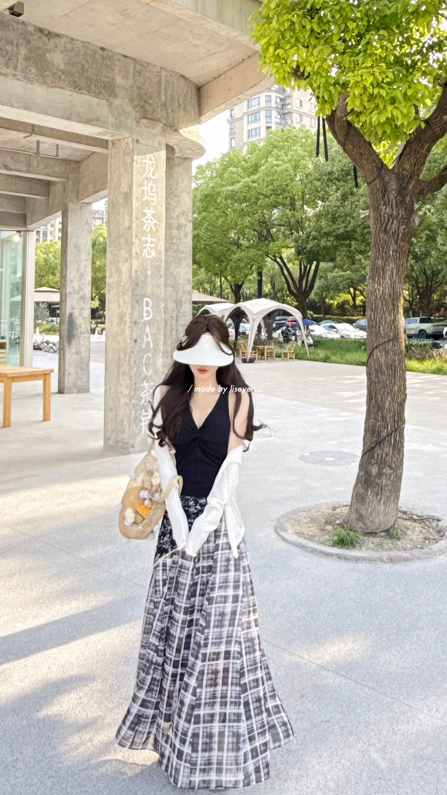 LISEYEN设计师原创格纹半身裙女夏季 飘逸显瘦显高 包括碎花方巾