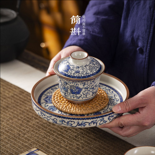 马蹄盖碗茶杯青花壶承功夫茶茶盏