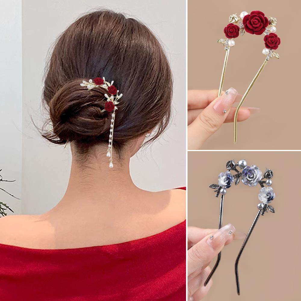新中式红色玫瑰U型发簪优雅气质古风旗袍新娘敬酒服发饰发簪子,饰品/流行首饰/时尚饰品新,民族风发饰,淘宝优惠券,粉丝福利购,淘宝优惠卷