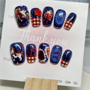 子 小众牛仔色少女爱心手绘手工穿戴甲短梯形ins风格 以梦为马