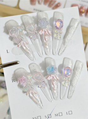 （少女心事）碎冰冰法式白色山茶花重工穿戴甲长椭圆白开水小众