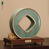 饰开 创意冰裂陶瓷铜钱摆件新中式 办公室前台酒柜高档装 业送礼好