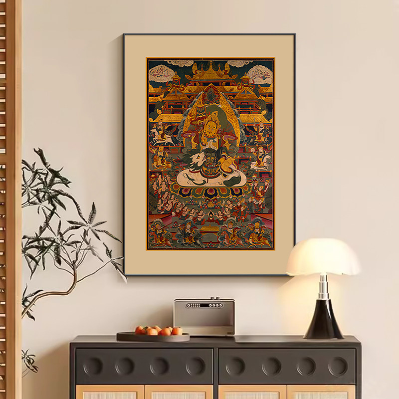 藏式唐卡挂画黄财神佛堂家居壁画客厅入口观音释迦牟尼佛像装饰画