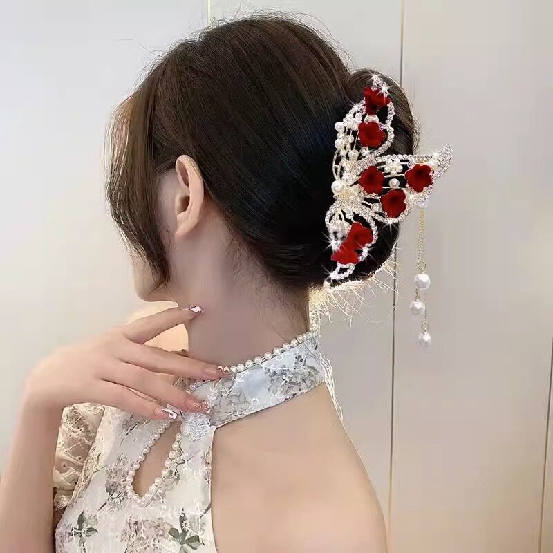 红色珍珠花朵流苏发饰