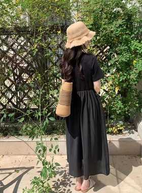 cmei汐美2024夏季新款连衣裙韩系简约小个子黑色短袖a字长款拼接