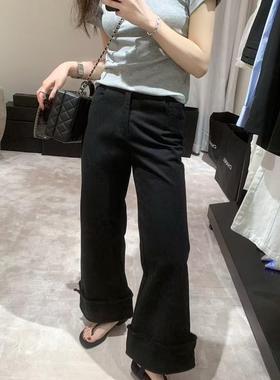 ease新款卷边喇叭裤时尚个性韩系休闲长裤黑色简约百搭高腰阔腿裤