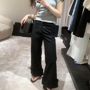 ease新款卷边喇叭裤时尚个性韩系休闲长裤黑色简约百搭高腰阔腿裤