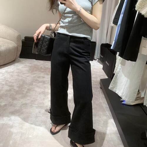 ease卷边阔腿喇叭裤黑色休闲韩系