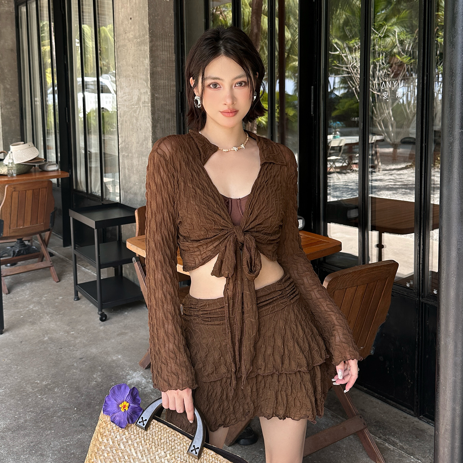 高级感2025新款泳衣女分体三件套裙式长袖罩衫遮肚显瘦度假风泳装