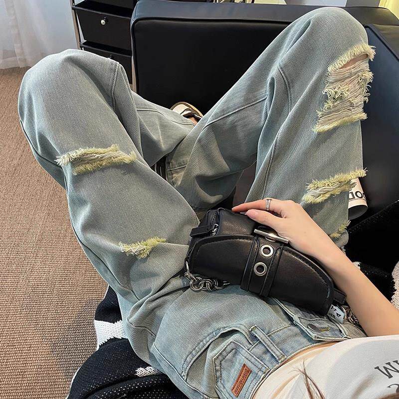 破洞直筒牛仔裤女夏季薄款2025新款高腰垂感小个子窄版显瘦阔腿裤