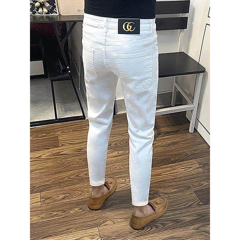 白色秋季九分牛仔裤男修身小脚潮牌韩版弹力百搭休闲免烫长裤子潮