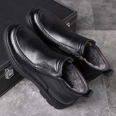 棉鞋男冬季加绒保暖中老年爸爸鞋真皮羊毛一体皮鞋休闲棉靴特大码