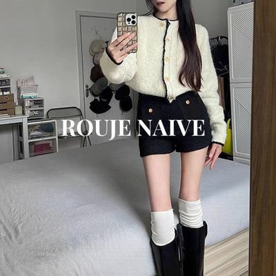 ROUJE NAIVE黑色配靴子毛呢短裤女春秋新款高腰显瘦a字打底休闲裤