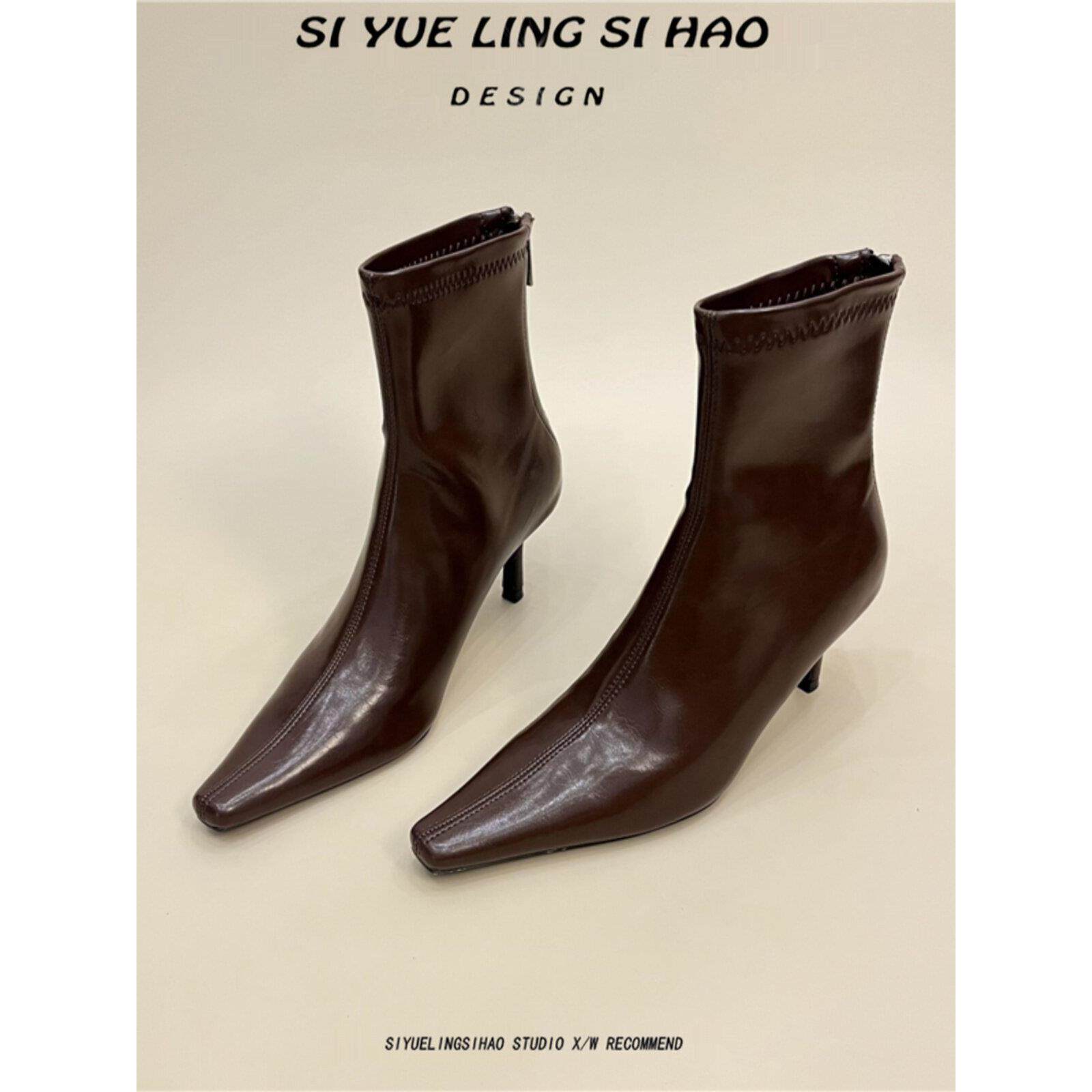 潮牌2025韩版气质高跟鞋尖头瘦瘦靴子女秋冬新款细跟时尚软皮短靴