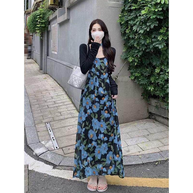 欧洲站秋装女2025新款法式高级感碎花开衫配吊带连衣裙子两件套装