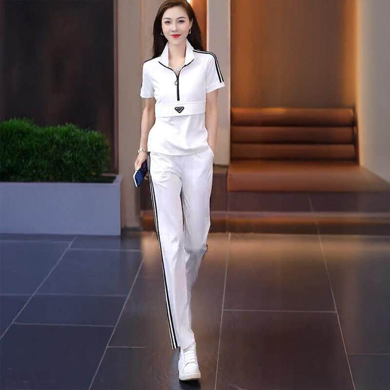 冰丝休闲运动套装女夏季2026新款减龄显瘦半拉链短袖直简裤两件套