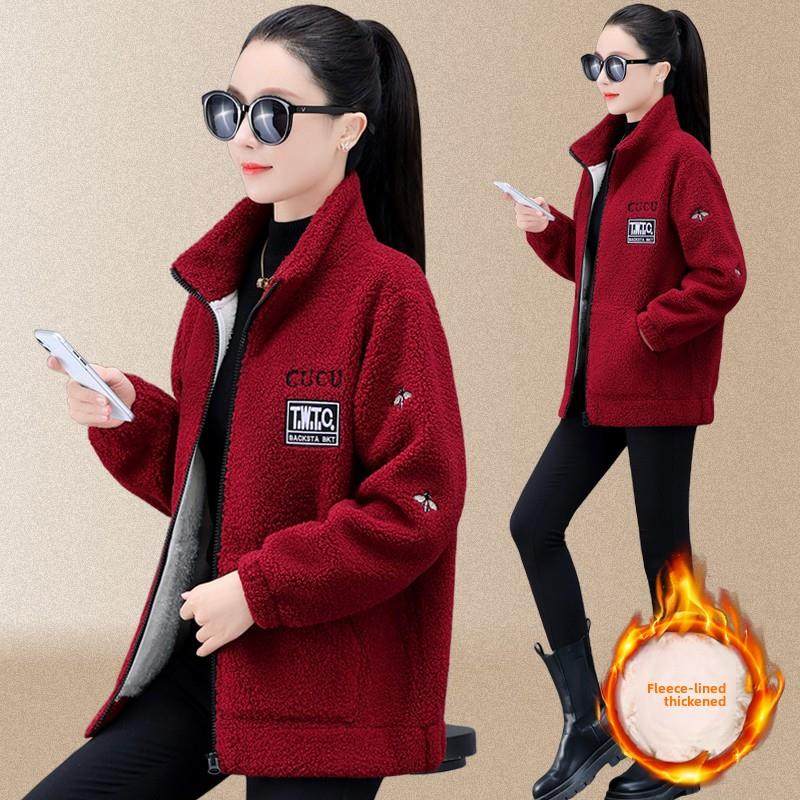 潮牌CVY外套女2025秋冬新款加绒加厚韩版洋气时尚立领羊羔毛棉衣