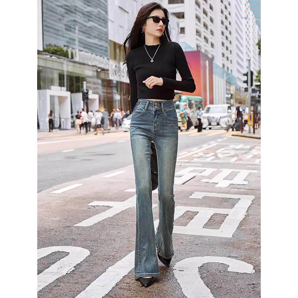 港风高腰喇叭牛仔裤女修身显瘦提臀2025春季新款撞色设计感微喇裤