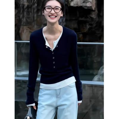 LEEDI高级感藏青色假两件针织衫t恤女春季新款设计感小众修身上衣