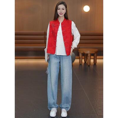 时尚新中式套装女2026春秋新款高级感立领盘扣马甲显瘦衬衫三件套