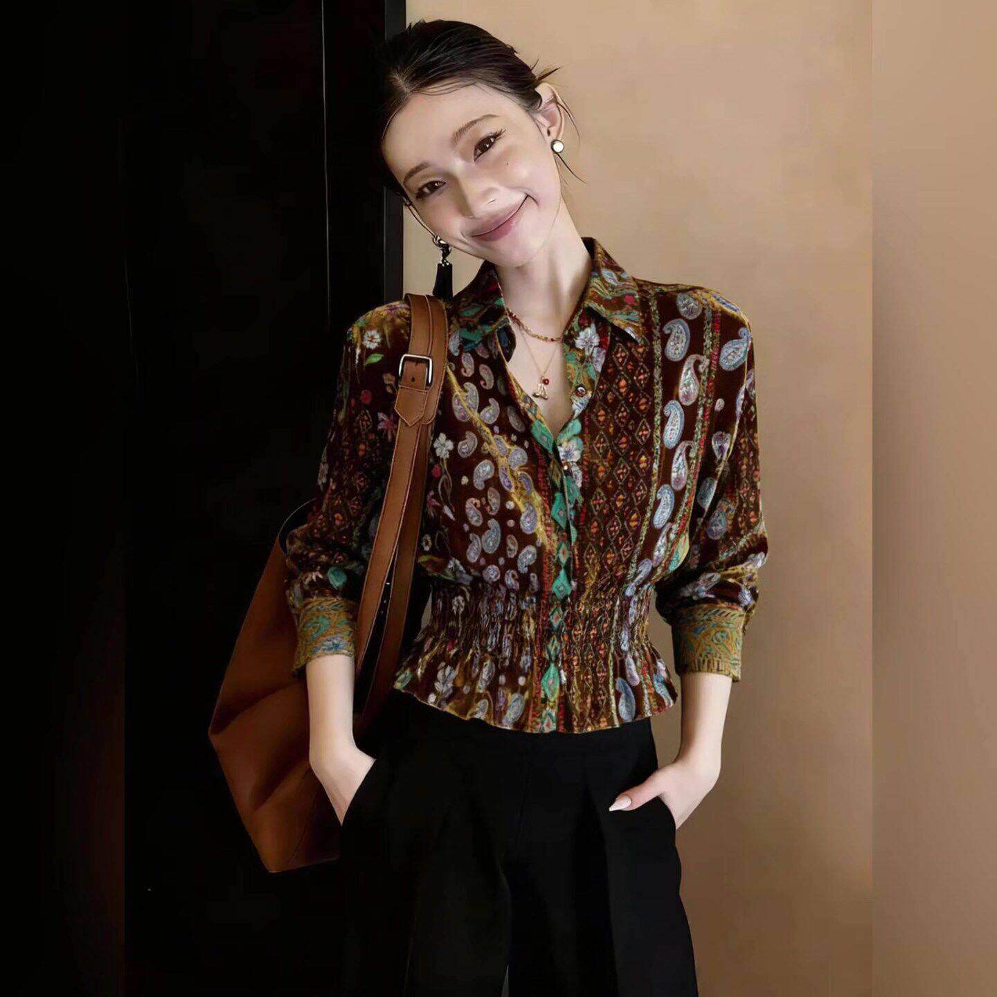 高档轻奢轻奢风印花衬衫女士春季新款百搭洋气长袖收腰慵懒风上衣
