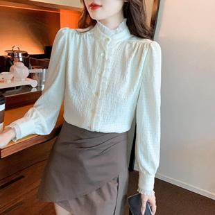 2025秋鑫欣阿玛施艾正洋气木耳边立领花边白色长袖 女加绒上衣 衬衫