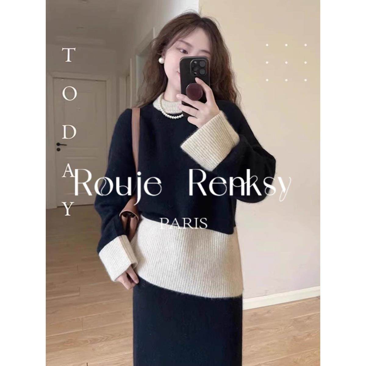 法国rouje renksy法式浣熊绒黑白撞色毛衣女秋冬慵懒针织衫两件套,女装/女士精品,大码内搭,淘宝优惠券,粉丝福利购,淘宝优惠卷