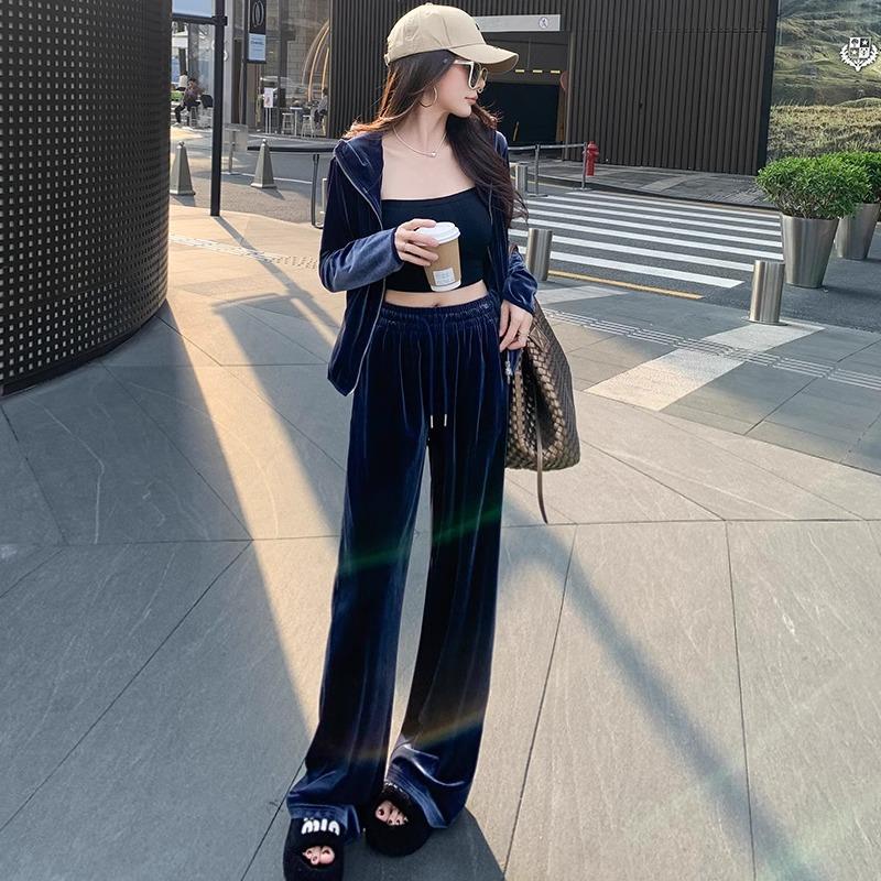LILY MOST高级感金丝绒休闲运动套装女2025春韩版气质显瘦阔腿裤