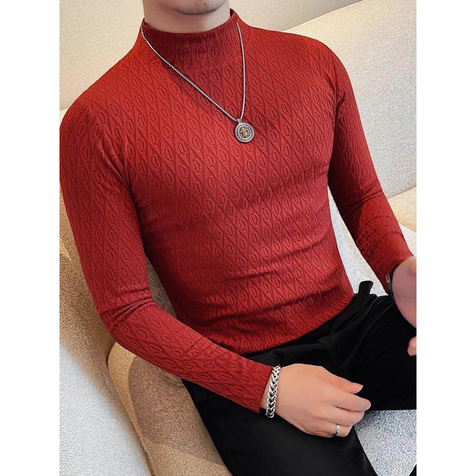 欧洲站高级感半高领长袖t恤男春秋时尚修身帅气百搭打底衫体恤潮