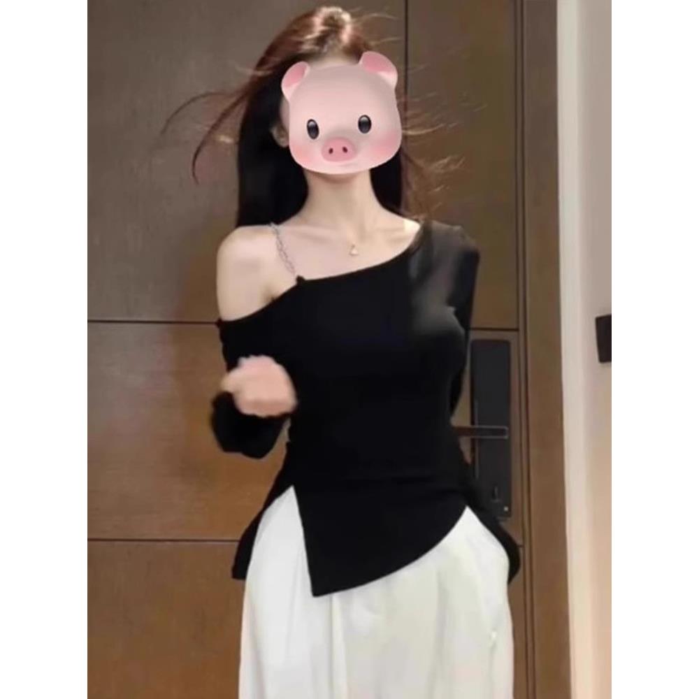 日系设计感斜肩吊带长袖t恤女春秋纯欲风不规则修身短款露肩上衣