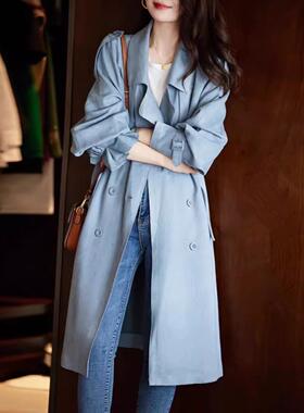 SPYB女装2025春秋款休闲气质系带风衣时尚蓝色双排扣中长款外套