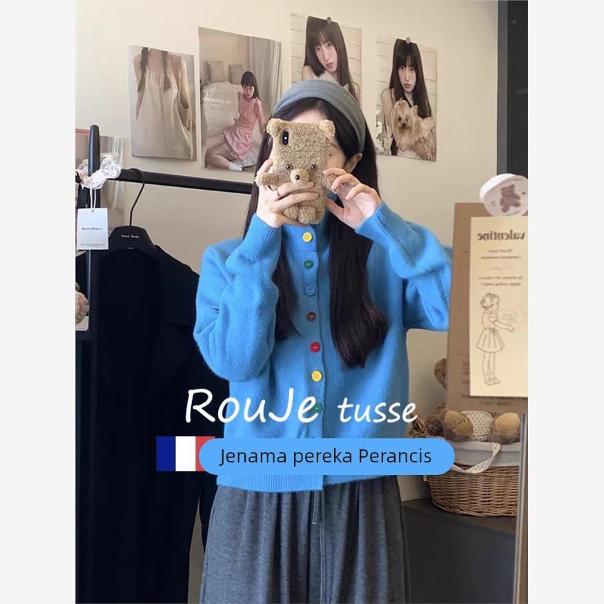 Rouje tusse韩系慵懒风高领羊绒毛衣开衫女秋冬宽松针织羊毛上衣