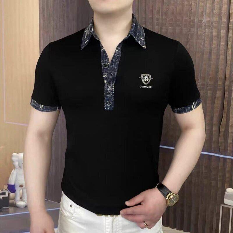 香港欧货夏季短袖T恤男轻奢时尚简约拼接修身翻领商务休闲POLO衫